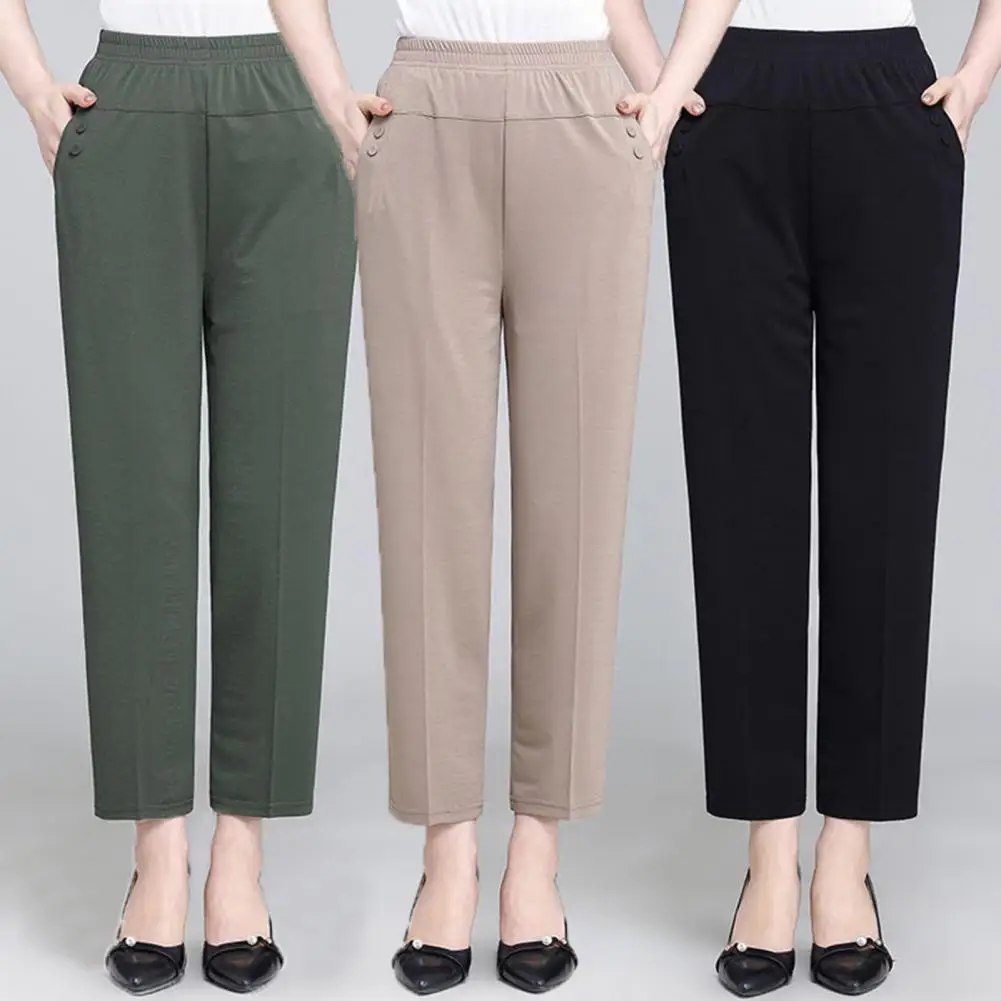 Thin Office Lady Straight Wide Leg Trousers High Waist Elastic Waistband Women Pants Button Decoration Pockets