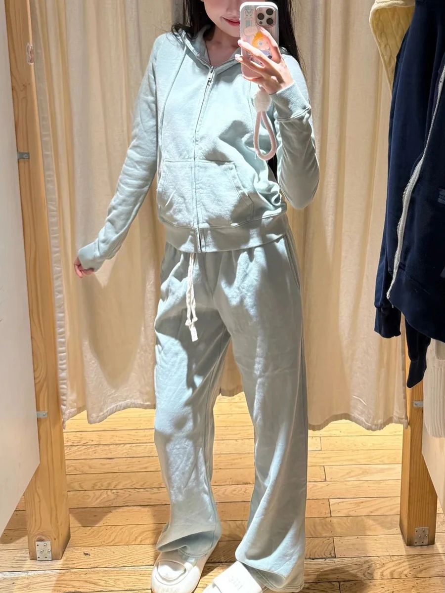 Solido Felpa con cappuccio e pantaloni Set da donna Autunno Tasca con zip Felpa con cappuccio + Coulisse Pantaloni sportivi dritti Casual in cotone Set da 2 pezzi Nuovo