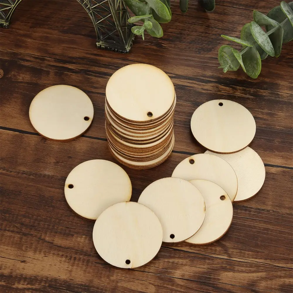 50pcs Round Shape Natural Wooden Ornament Scrapbooking Wood DIY Craft Home Decoration Handmade Wood Piece Hanging Pendant