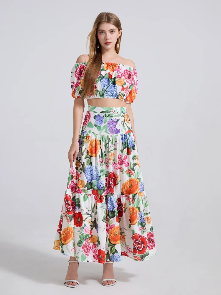 

Elegant Summer Floral Long Dress Suits Women 2 Piece Skirt Sets Sexy Slash Neck Short Sleeve Crop Tops Print Maxi Skirt Outfit