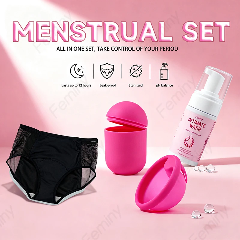 

Menstruation Disc Set With Panties Sterilizer 3 In 1 Menstrual Disc Storage Case Absorbent Menstrual Panties Yoni Intimate Wash
