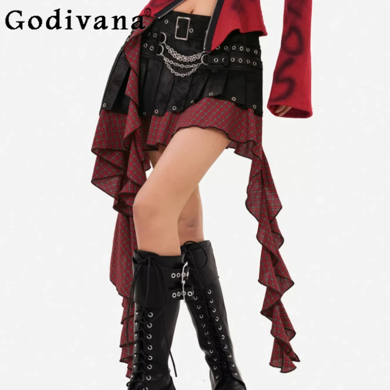 

Spring Summer New Personalized Punk Irregular Women Plaid Skirt Fashion Versatile Splicing Tassel Belt Sexy Street Short Skirt