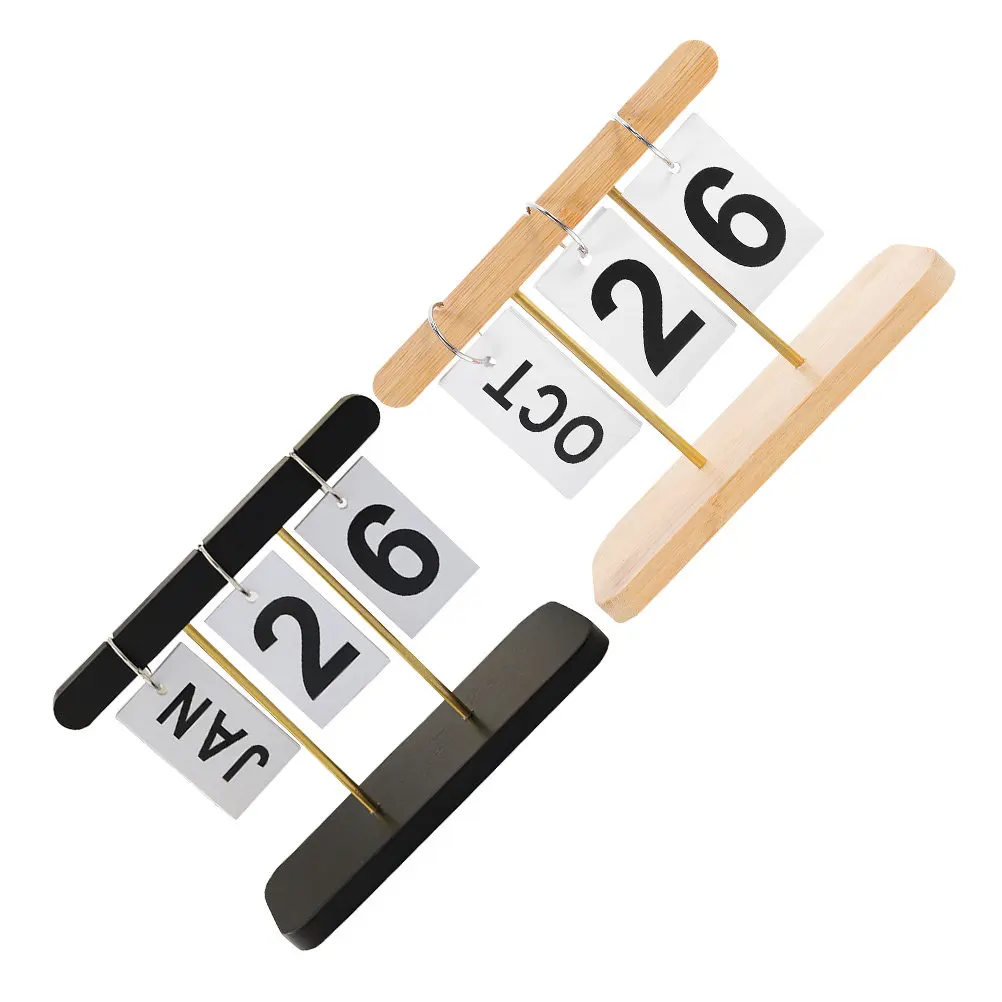 2Pcs Wood Block Perpetual Desk Calendar Reusable Flip Date Display Elegant Rustic Wooden Stand for Office Study Home