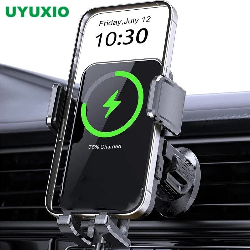 

UYUXIO Wireless Car Charger 66W Fast Charging Auto Clamping Air Vent Car Phone Holder with LED Light for iPhone 16 15 14 Pro Max