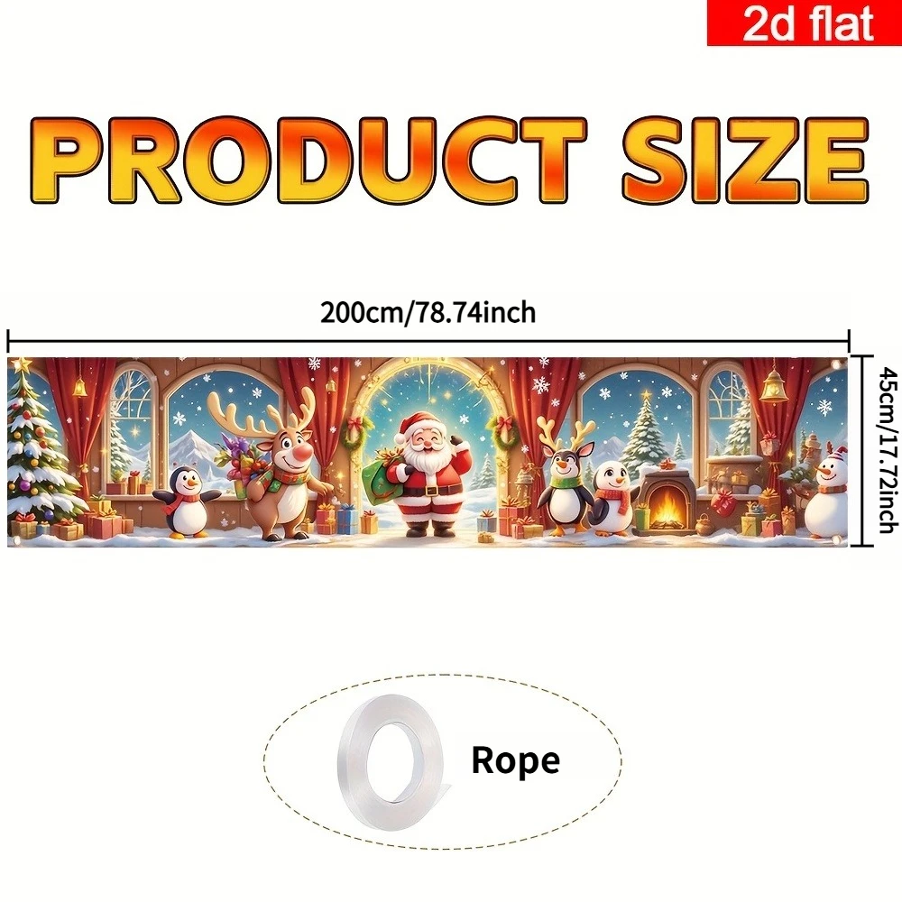 2D FLAT 1 pc Cute Large Outdoor/ Merry Christmas Banner With Santa Claus & Friends Figurine- 18x79