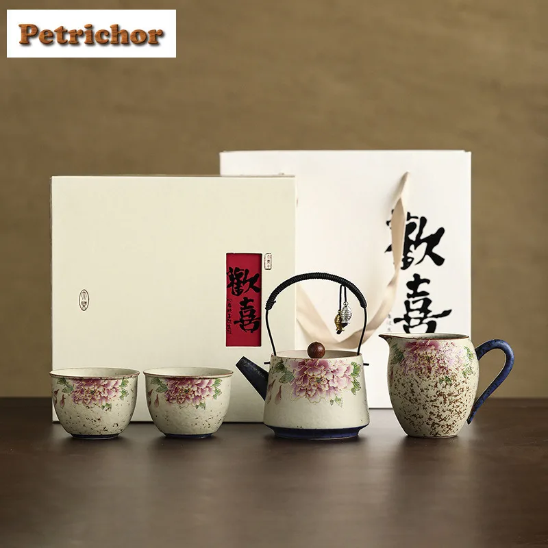 

Firestone Red Gold Silk Peony Lifting Handle Tea Set Complete Set Zen Tea Ceremony Set Teapot And Tea Cup Set Tea Services Gift