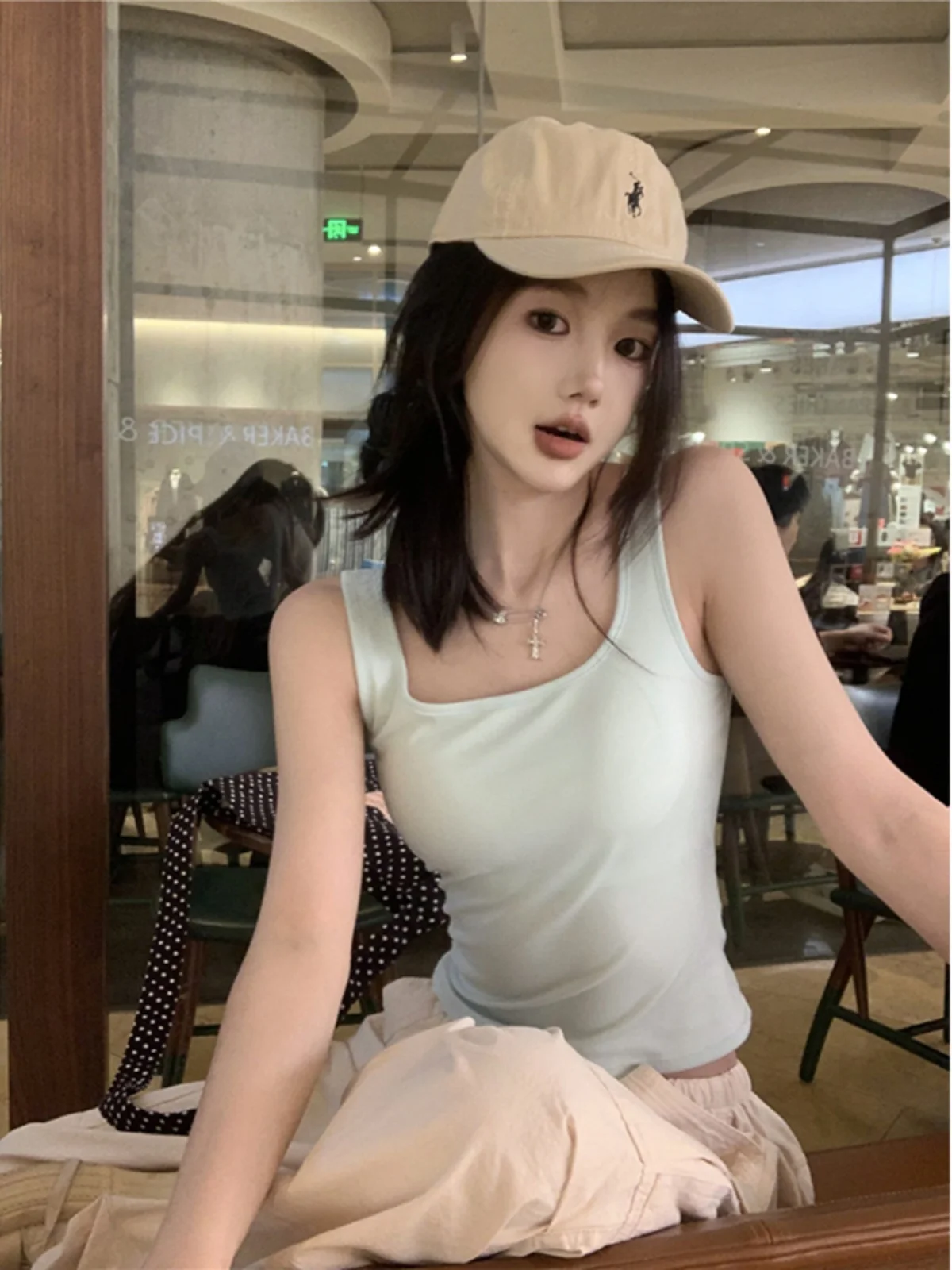 Square Collar Sleeveless Strap Vest Bra  Women's Summer Inner Match Beautiful Back Bra with Chest Pad American Style...