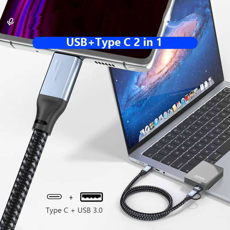 2 in 1 USB3.0 10Gbps USB C/A to Type-C ThunderBolt 3 Data Cable 4K@60Hz PD100W Fast Charger for MacBook Pro Samsung Xiaomi