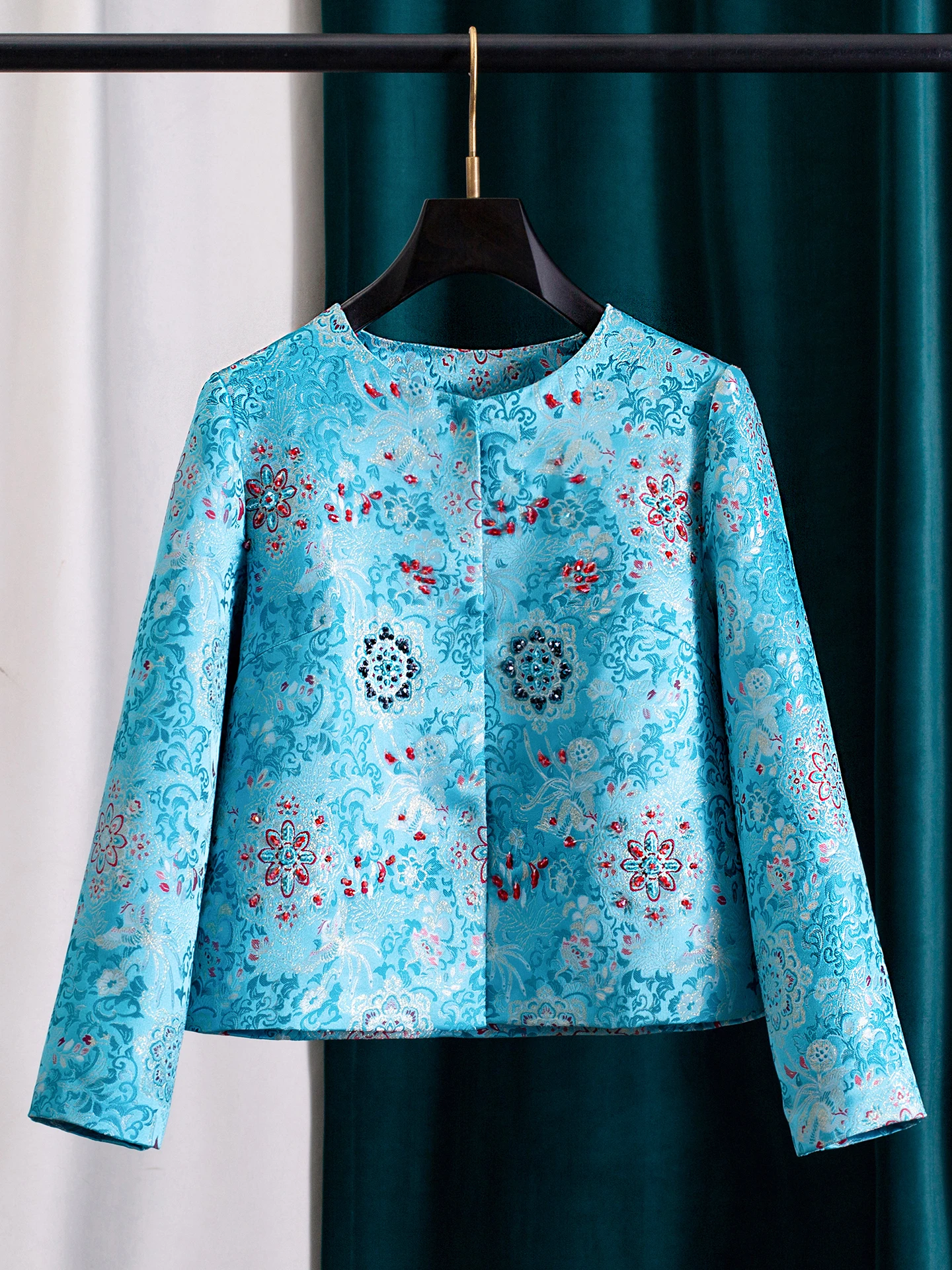 Nuovo stile cinese elegante moda perline jacquard girocollo manica lunga monopetto versatile giacche blu donna primavera