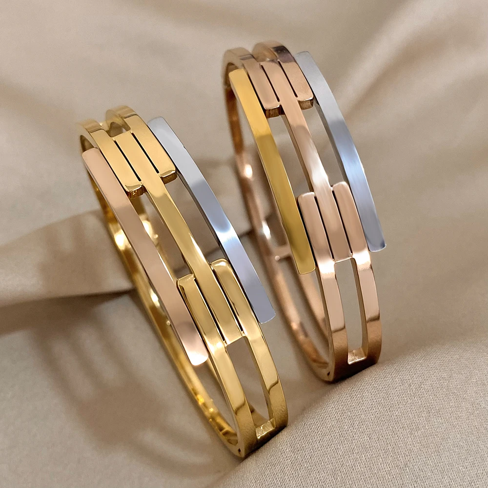 Stainless Steel Bracelet Bangle Color Matching Intersect Bracelet for Women Glossy Multilayer New Trendy Waterproof Cuff Jewelry