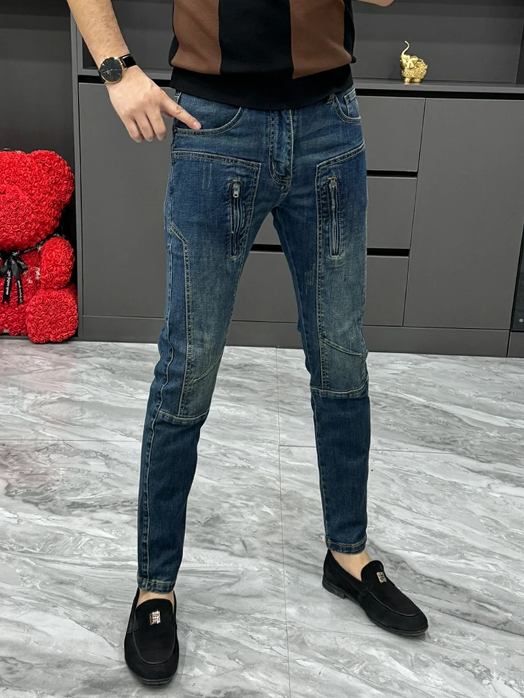 

Spring Men's Slim Fit Motorcycle Jeans Trendy Design American Zipper Splicing Casual Long Pants Youth Faion Wear Resistant