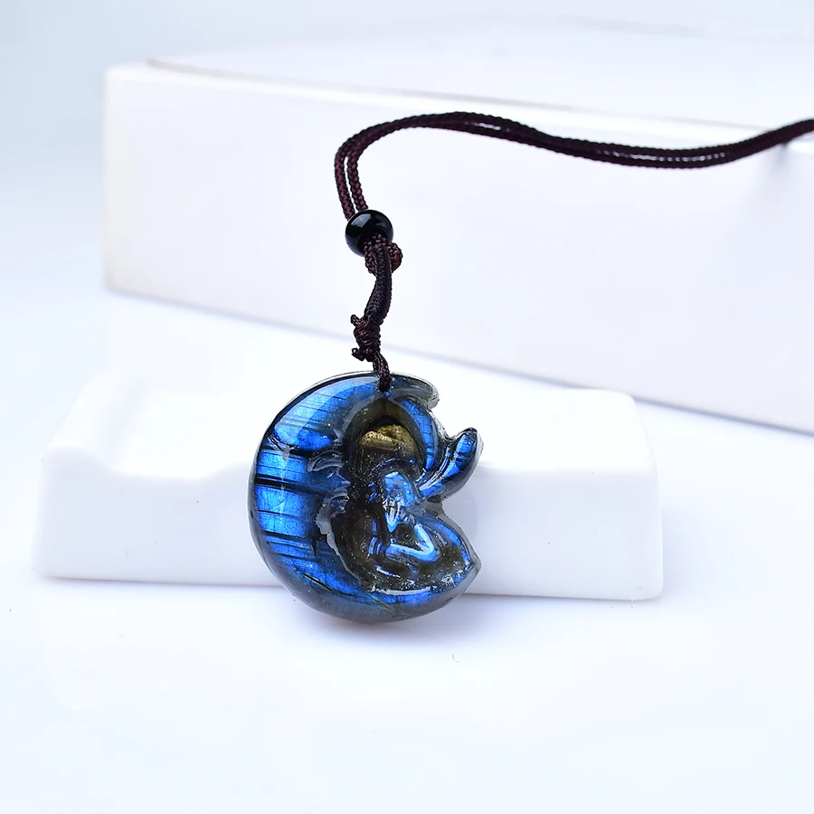 1PC Natural Labradorite Crystal Moon Girl Statue Pendant Random Crystal Healing Stone Carving Gemstone Crafts Home Decor DIY Gif