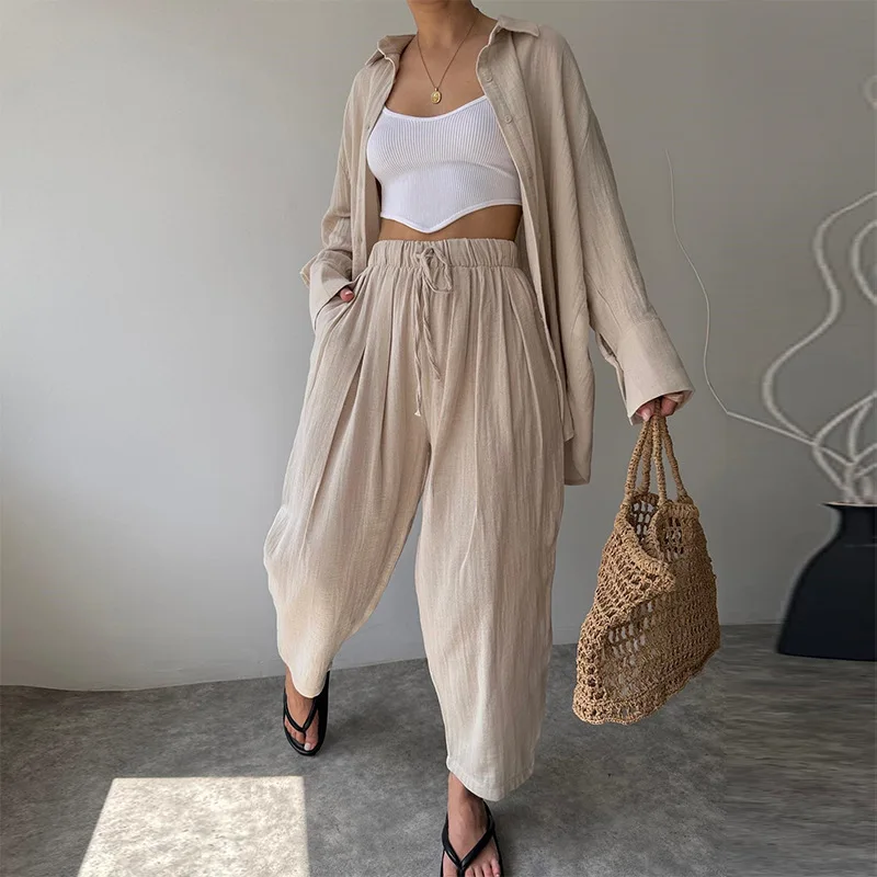 

2 Piece Set Women Muslim Shirt Top Wide Leg Pants Suit Single Breasted Pockets Lace Up Trousers Ensemble 2025 Autumn Outfits