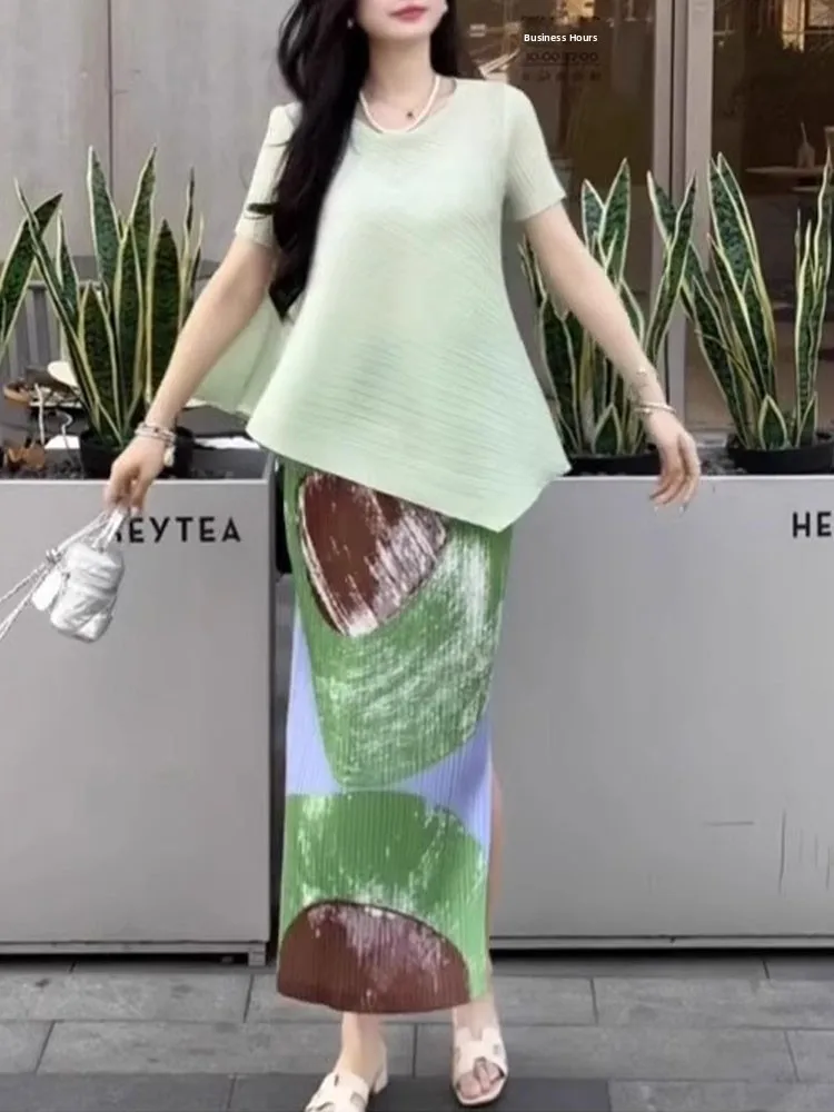 

Summer Green Print Asymmetrical Skirt And Top Set Short Sleeve Pleated Half-length Ensemble Women's Fashion Polyester Blend