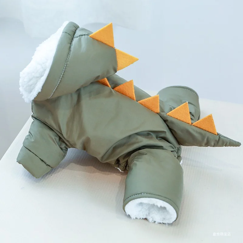 1PC huisdierkleding hond pluche isolatie pluche winter besneeuwde groene dinosaurus katoenen jas geschikt voor kleine en middelgrote honden