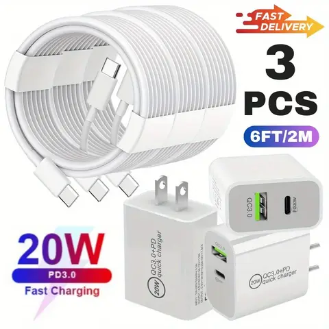 Lot de 3 chargeurs rapides muraux QC 3.0 + 20W PD, adaptateur, câble USB pour iPhone 15 Android LG