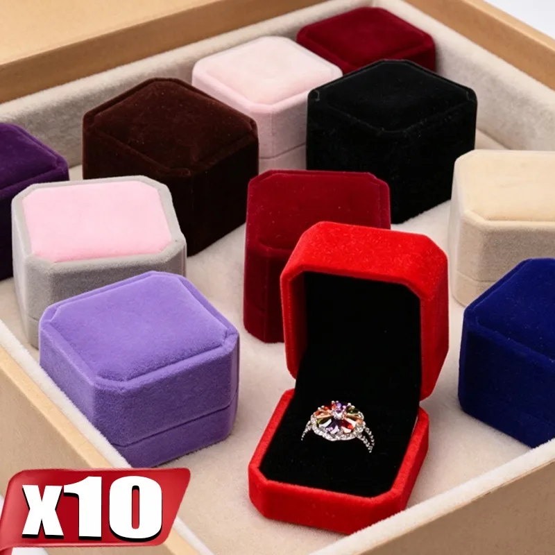 Octagonal Square Velvet Ring Box Portable Jewelry Case Storage Organizer Gift Proposal Rings Packaging Box Travel Wedding 10pc