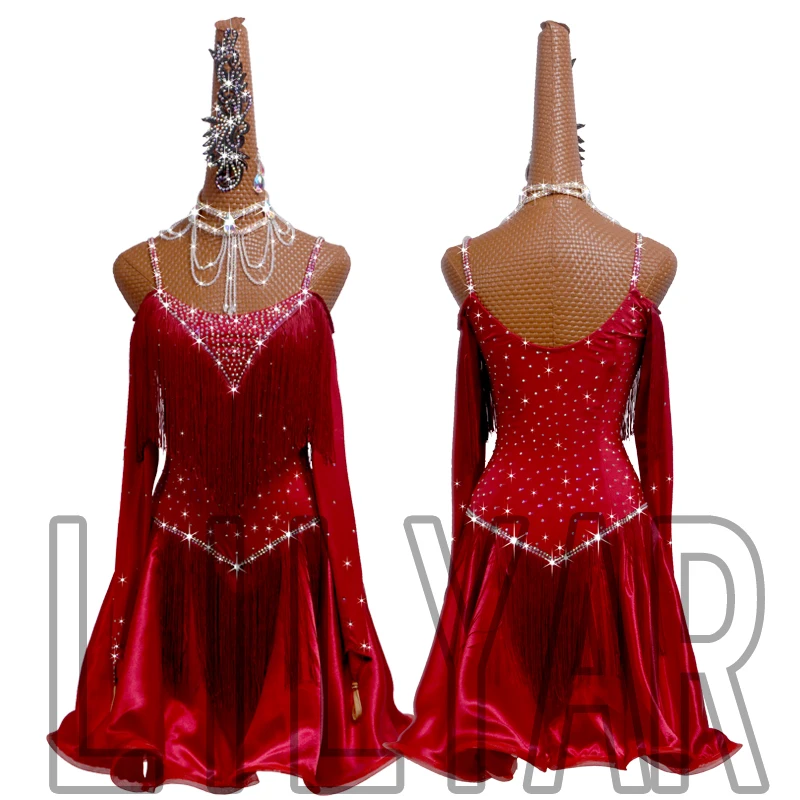 New Latin Dance Competition Performance Dress Adult Wine Red Off Shoulder Fringe Dance Dress