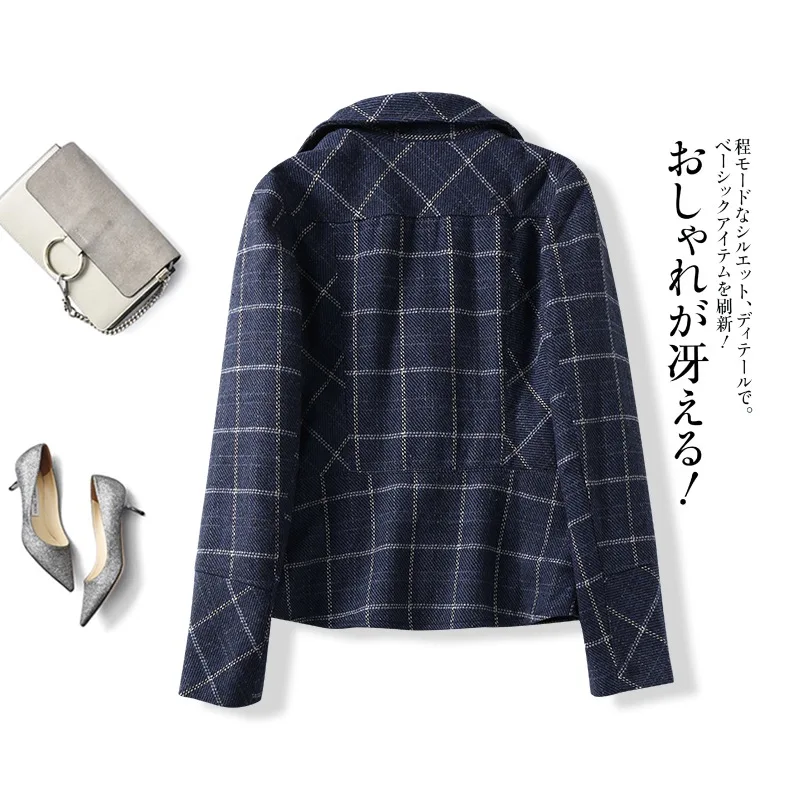 Fall Winter Plaid Wool Blend Slim Jackets Women Thick Korean Tweed Coats Casual Lapel Woolen Chaquetas Long Sleeve Casacos New