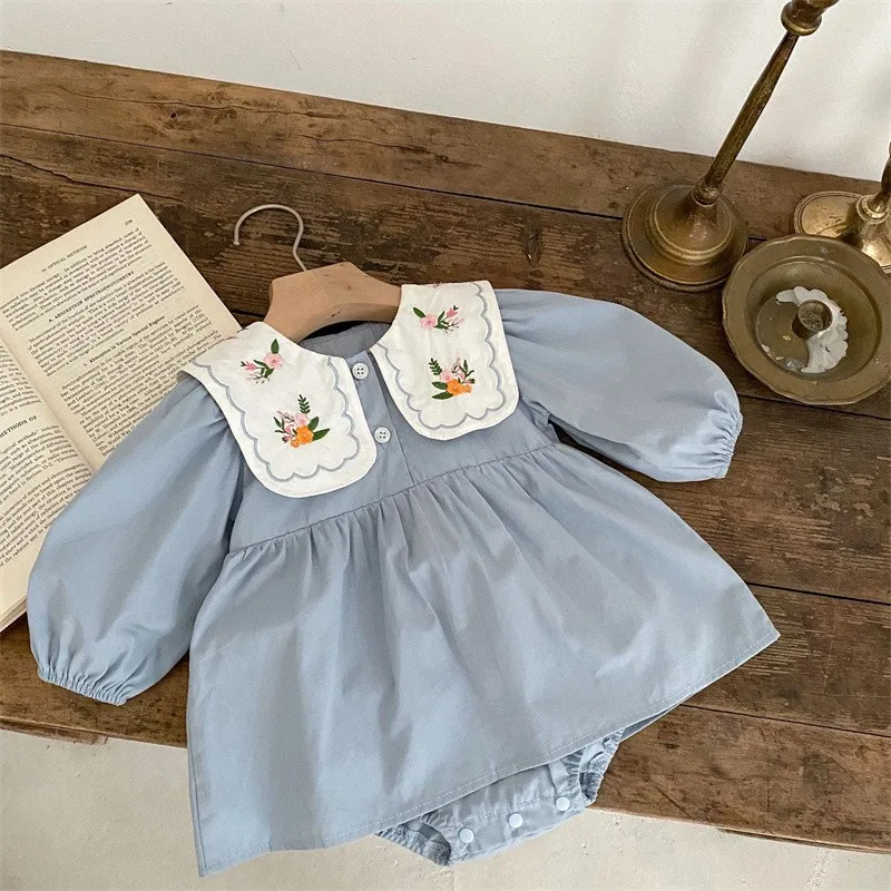 2024 Summer Autumn New Baby Embroidered Lapel Romper Girls Cotton Princess Dress Bodysuit Kids Blue Long Sleeve Jumpsuit Clothes