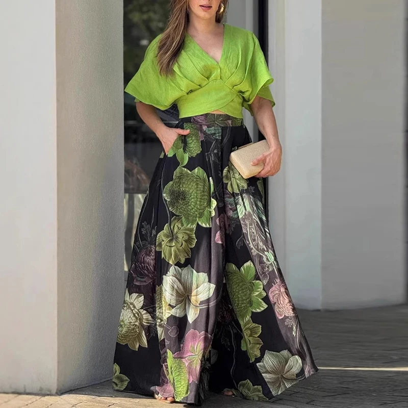 

Elegant V-neck Ruched Crop Tops & Wide Leg Pan Set Women Causal Short Sleeve Pocket 2Pc Outfits Fashion Floral Print Loose Suit