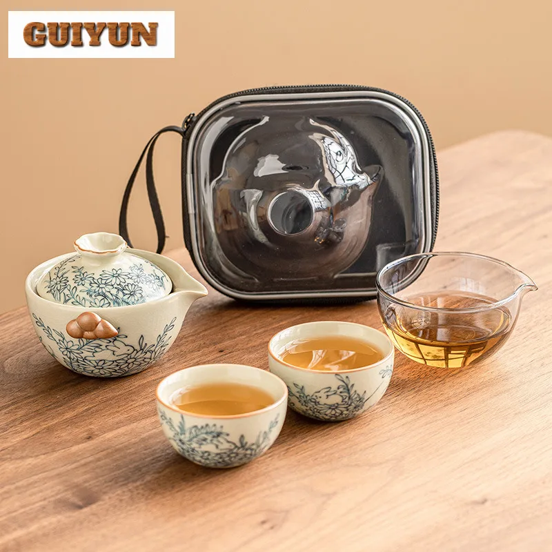 

Cute Rabbit Sunflower Ru Kiln Tea Set Kit Elegant 1 Pot 2 Cups Household Tea Maker Portable Travel Outdoor Handbag Tea Ceremony