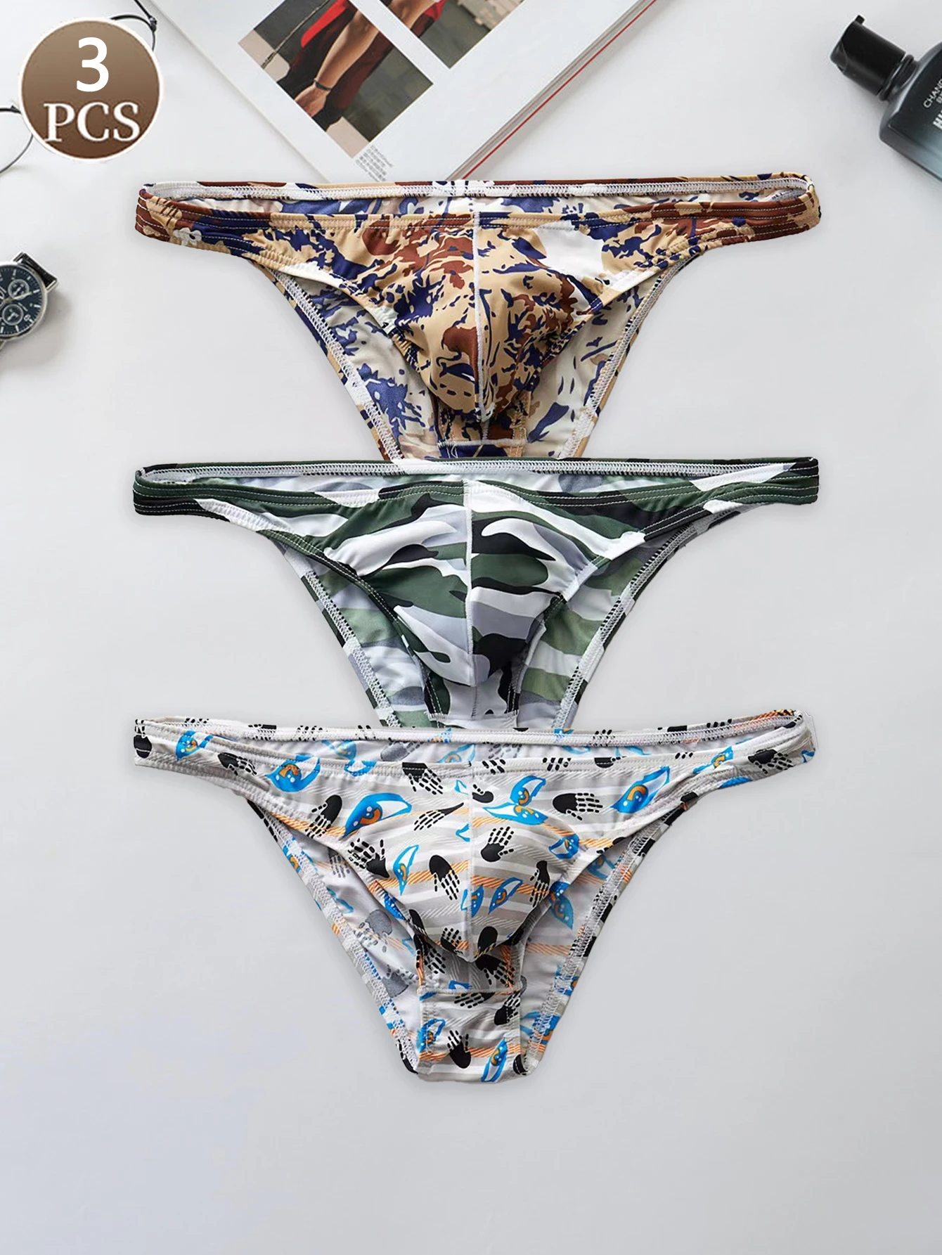 3 pçs camuflagem olho esportes casual tecido de malha masculina cintura baixa impressa respirável gelo seda breve roupa interior