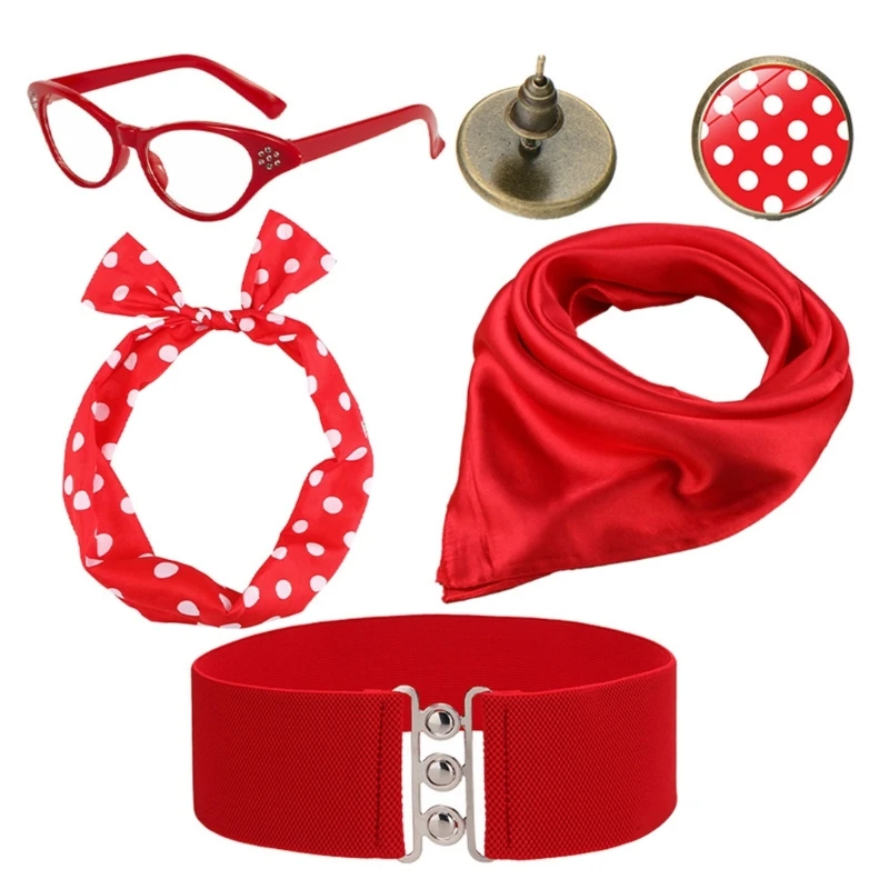 Adult Halloween Cosplay Costumes 1950s Set Chiffon Scarf for Cat Eye Shape Eyeglasses Bandana Tie Headband Earrings Suit