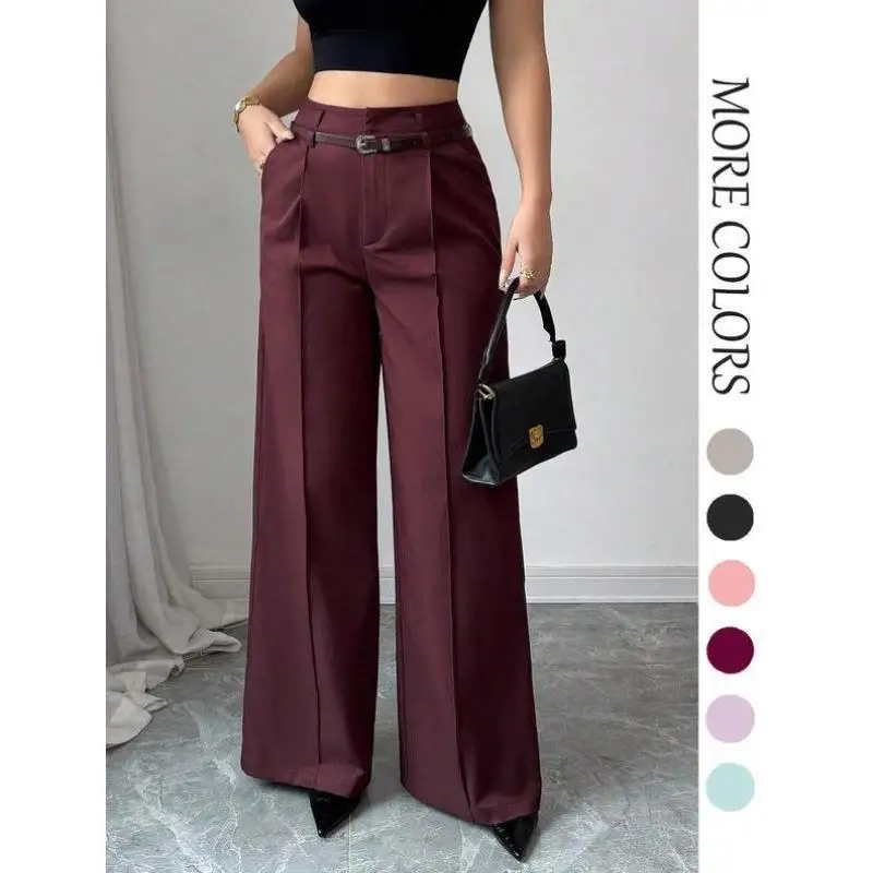 

Women's Pure Color Wide Leg Pants with Belt Casual Comfortable ket Design Straight Cut Winter Faion Neutral PVC Material
