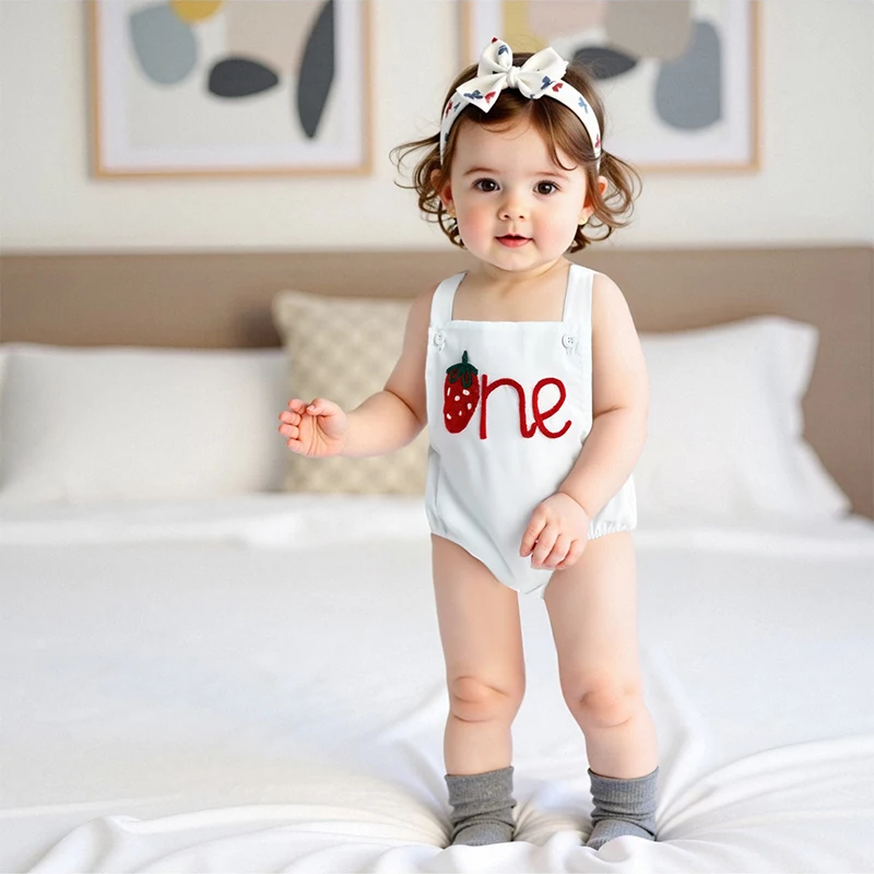 

Baby Girl Birthday Overalls, Sleeveless Square Neck Embroidery Strawberry Letter Romper Summer Bodysuit for Casual Daily