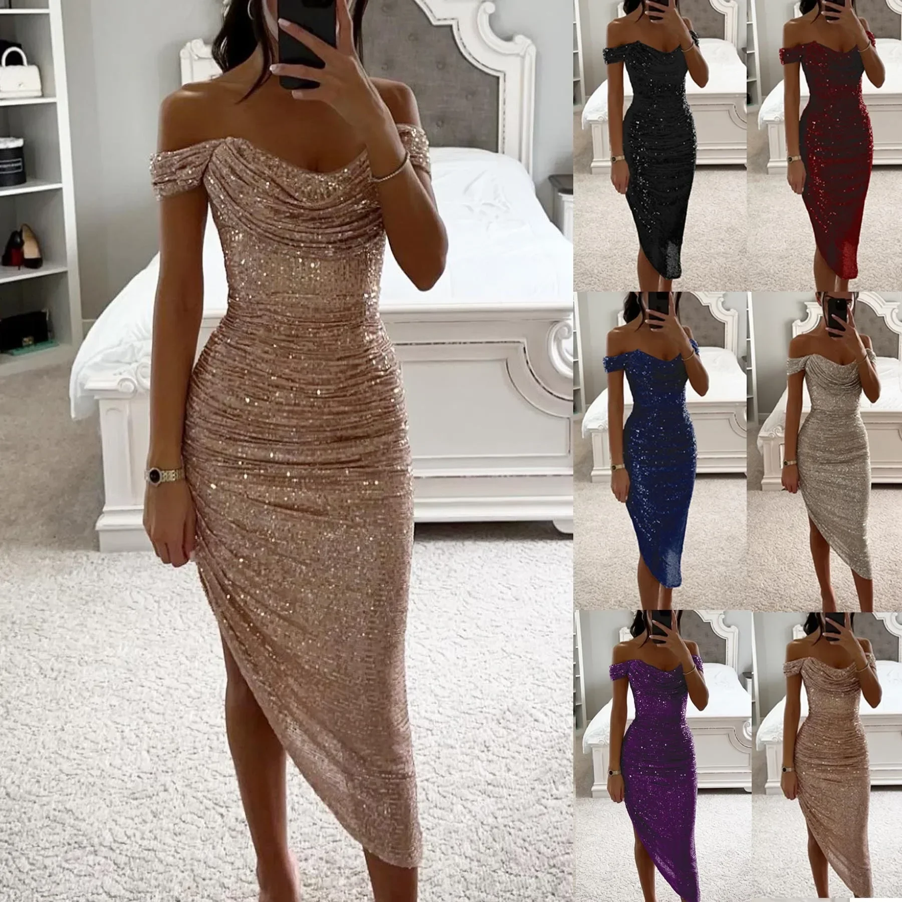 2024 Europa und die Vereinigten Staaten Frühling und Herbst neuer Stil Paillettenkleid Kleid lässige Mode Party Reißverschlusskleid