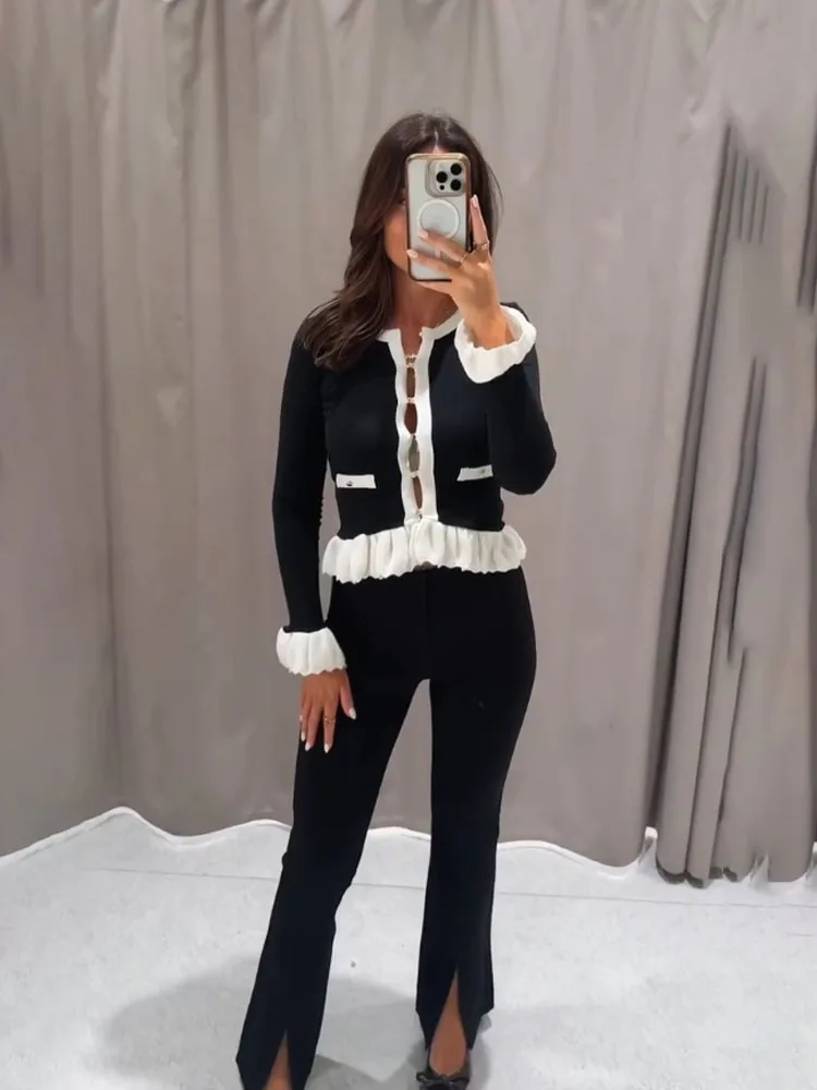 HH Woman Spring Fashion Long Sleeves Single Breasted Contrasting Colors Splicing Decoration Knitted Cardigan Elegant Versatile