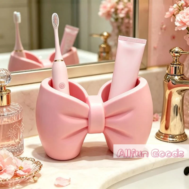 Bow Shaped Toothpaste Toothbrush Holder Multifunctional Bathroom Countertop Storage Rack For Washstand Vanity Decor Organizer
