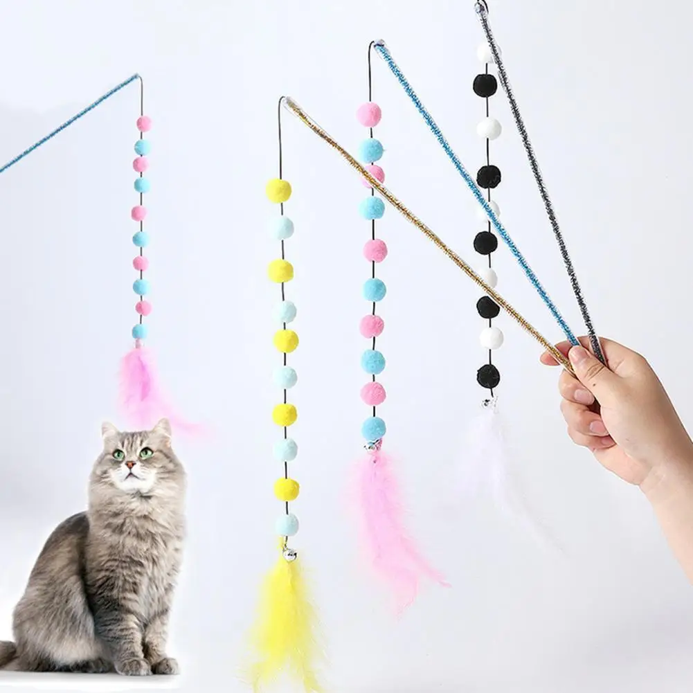 Cat Wand Colorful Feather Plush Balls Bite-Resistant Long Pole Entertaining Kitten Teaser Interactive Bell Rod For Puppy Kitten