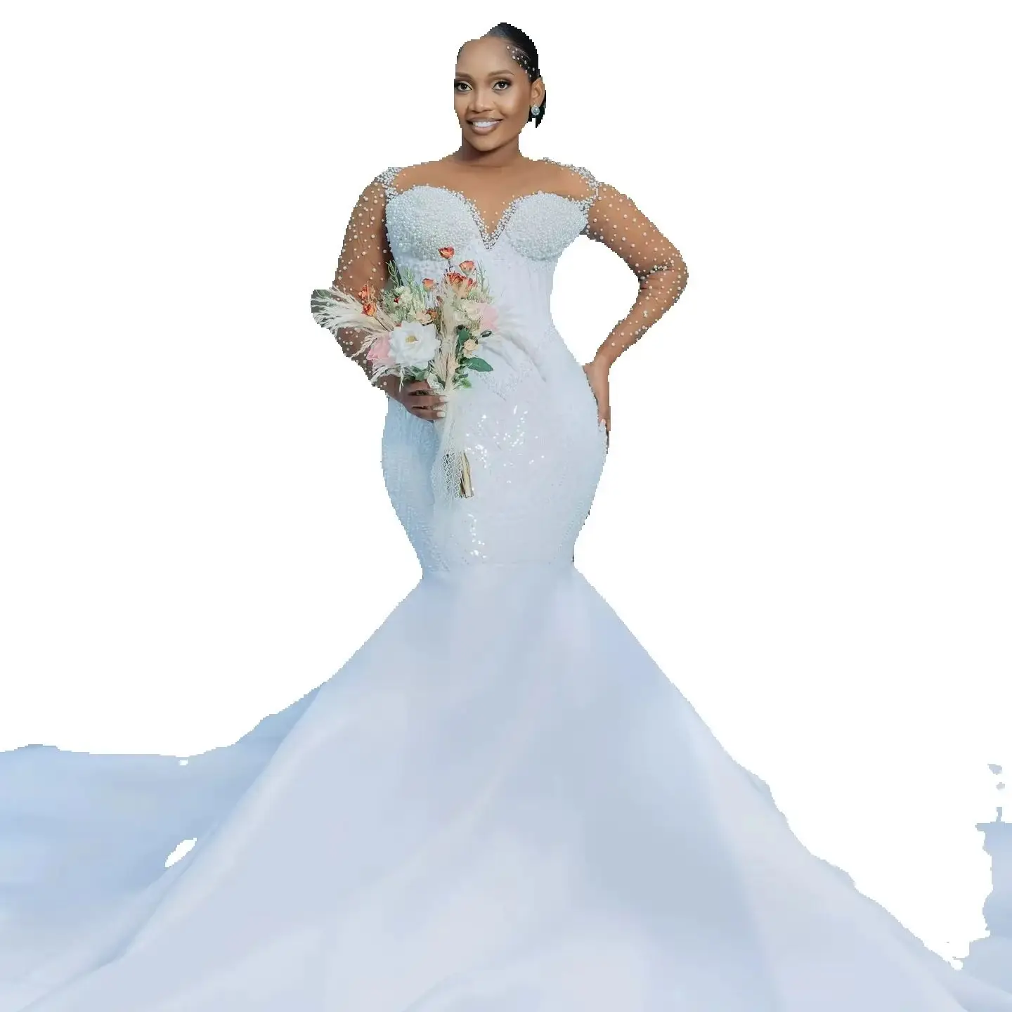 Customized Sheer Neck Sparkly Heavy Pearls Beads  Wedding Dress with Removable Satin Skirt Illusion Long Sleeves  Bridal Gowns