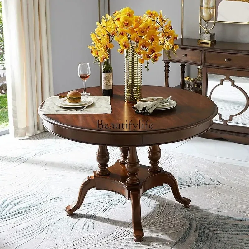 

yj9American-Style Solid Wood Dining Tables and Chairs Set Household Small Apartment round Dining Table