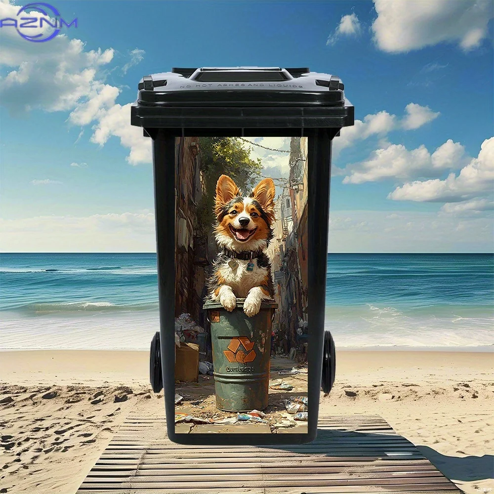 One Smiling Corgi Design on a Green Recycling Bin Labeled As Trash, Located in a Bustling Alley. These Waterproof PVC Stickers
