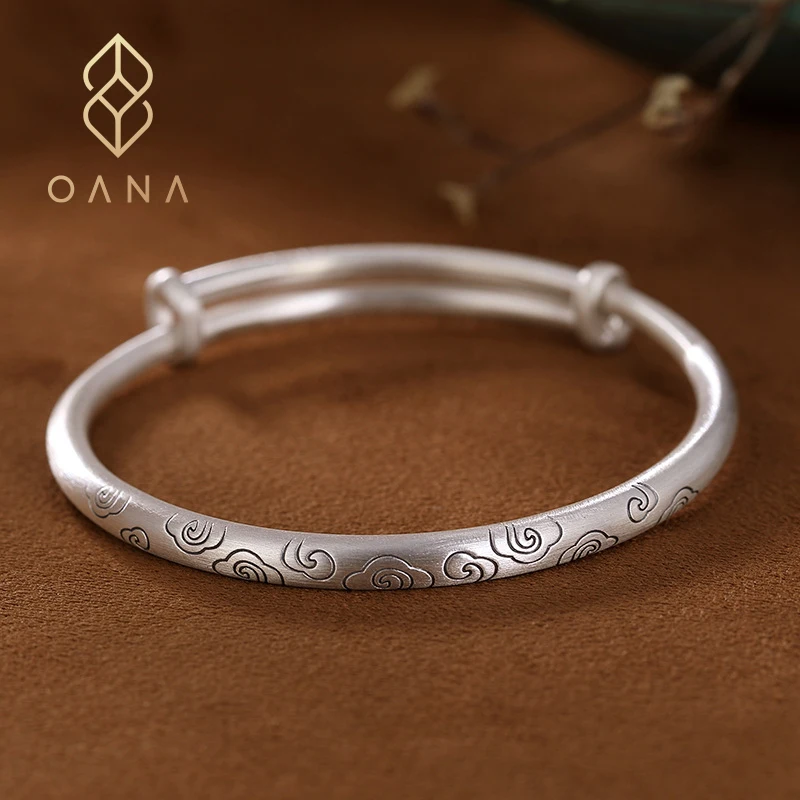 OANA S999 Fine Silver Retro Personality Xiangyun Simple Opening Push-Pull Matte Ladies Bracelet Jewelry Free Shipping