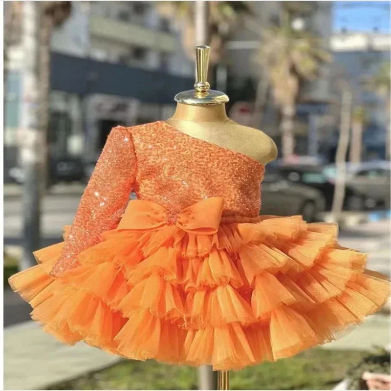 

Orange Puffy Girl Dress Pink Baby Dress with Train Flower Girl Dress Bow Cute Kid's Child Birthday Dresses Frist Communion