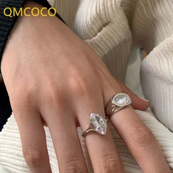 QMCOCO Silver Color Elegant Water Drop Zircon Open Adjustable Finger Rings For Women Girl Geometry Fashion Party Jewelry Gifts