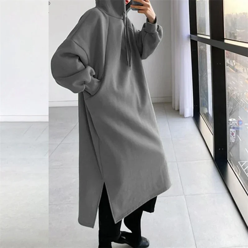 Autumn Winter Long Sweatshirt Women Double Pockets Hooded Hoodie Female Comfortable Casual Thickened Warm Solid Color Outerwear