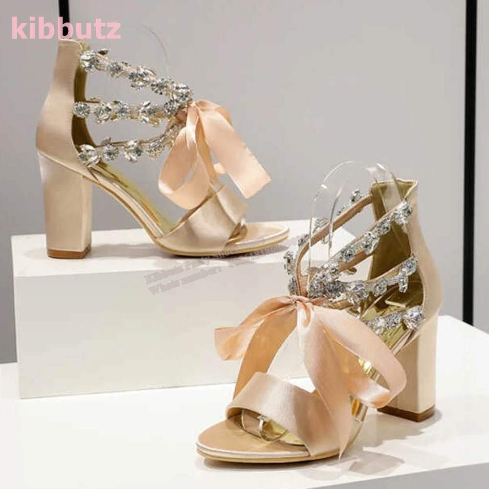 

Satin Crystal Sandals Glossy Round Toe Bows Square Heels Solid Color Ankle Strap Fashion Elegant Sexy Party Women Shoes Newest