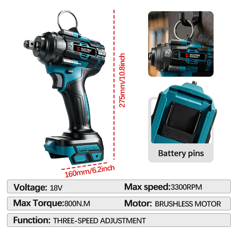 Electric Goddess 800NM Brushless Electric Impact Wrench 1/2inch Cordless Wrench Screwdriver For Makita 18V Battery Pin