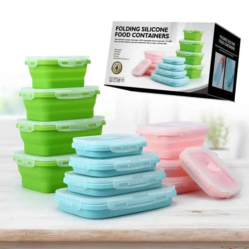 

4 Pack Silicon Lunch Box Flat Stacks Collapsible Food Storage Containers With Lids Leftover Meal Box For Kitchen BPA Free