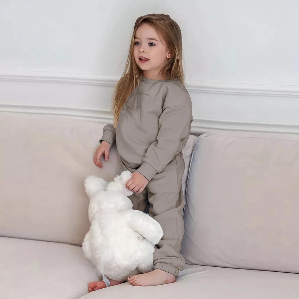 2025 New Arrivals Little Girls Clothing Tracksuit 2 Pieces Set Warm Fleece Plain Top Sweatshirt+Pants Loungewear Suit For Kids