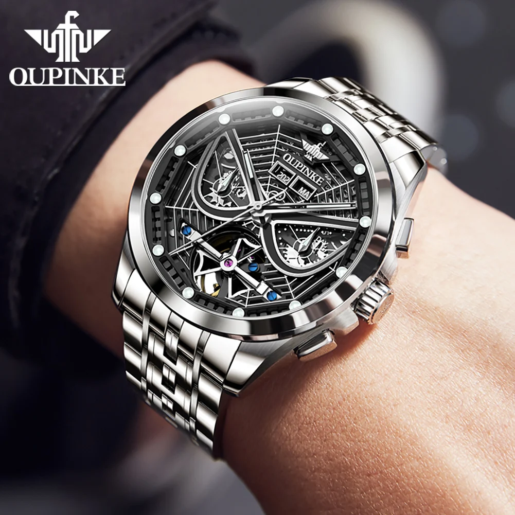 OUPINKE 3250 Watch Men Fully Hollow Flywheel Spider Dial 316 Stainless steel Waterproof Night Light Automatic Mechanical Watch