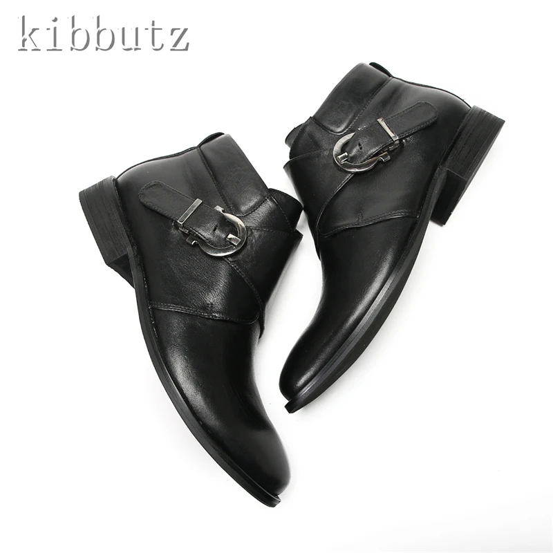 New Round Toe Buckle Strap Ankle Boots Men Black Genuine Leather Short Boots Gentleman Business Formal Dress Shoes