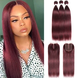 Tissage en Lot Brésilien Remy Lisse avec Closure, Cheveux 100% Naturels, Couleur Bordeaux 99J