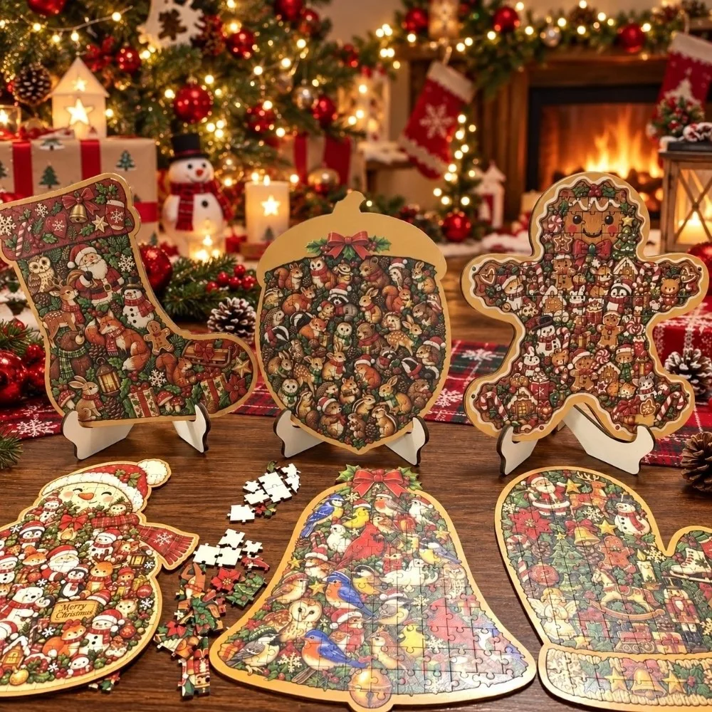 Wood Christmas Keepsake Puzzle With Display Stand Gingerbread Man Shape Jigsaw Puzzle Christmas Stocking Shape
