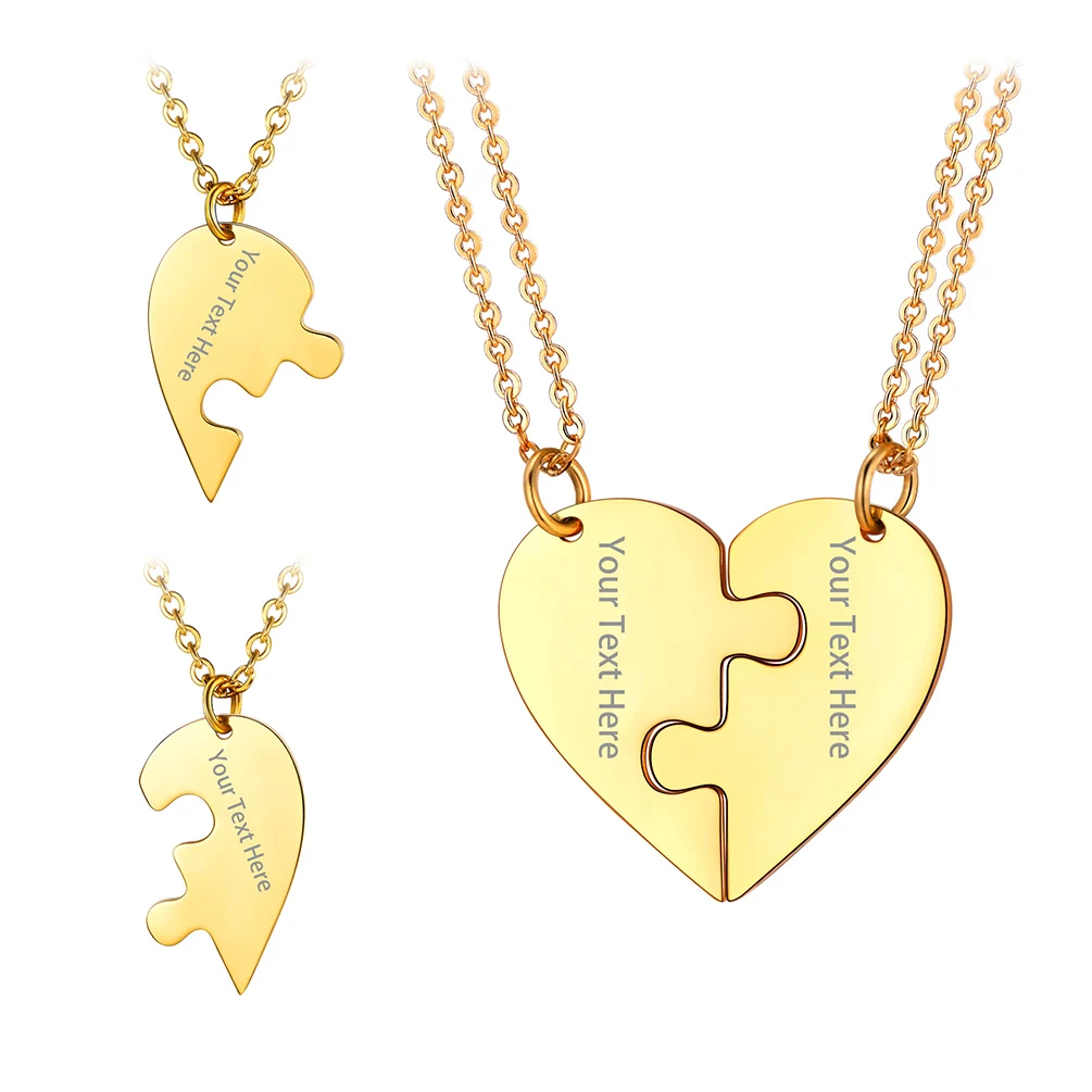 

U7 2pc/set Stainless Steel Heart Puzzle Personalized Necklace For Couple Lovers BFF Women Choker Custom Engraving Pendants P1240